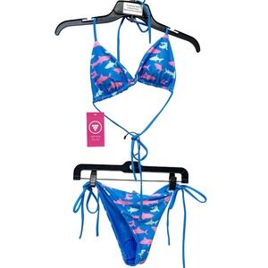 Berry Jane Women's Blue Shark Print Triangle Side Tie Bikini Swimsuit Set Size S